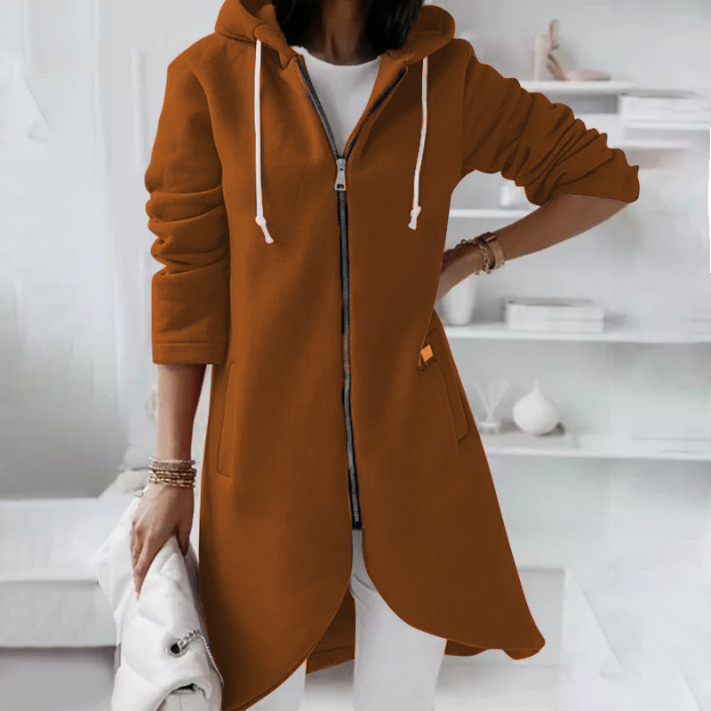 Darlene - Elegante giacca lunga con cappuccio e cerniera