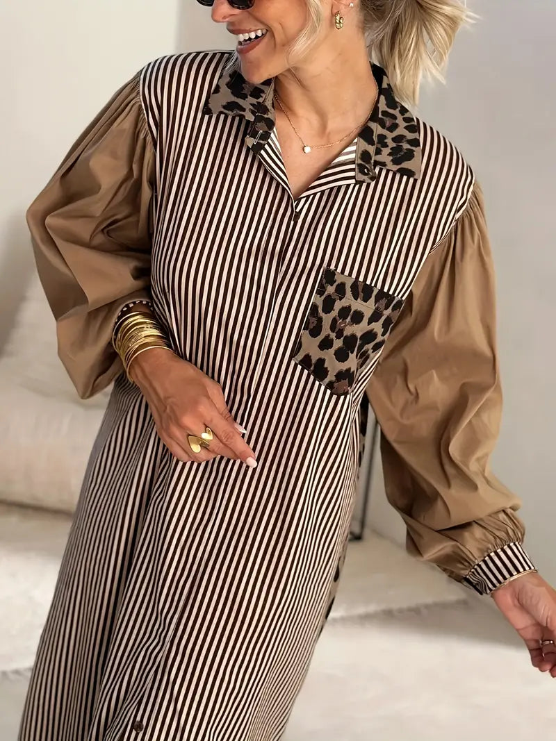Estelle - Elegante abito lungo a righe e stampa leopardata