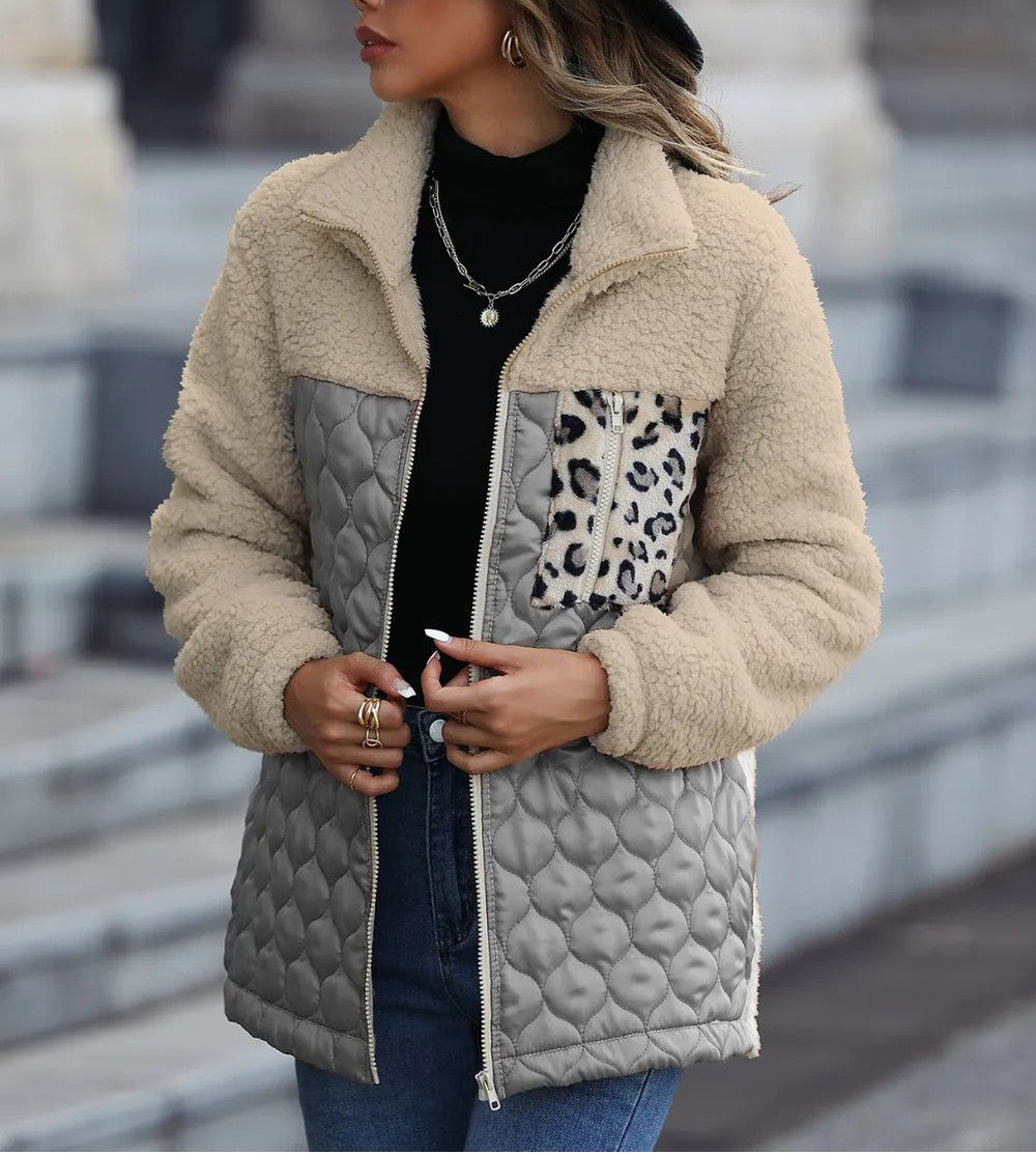 Yvessa - Giacca calda leopardata color block con zip
