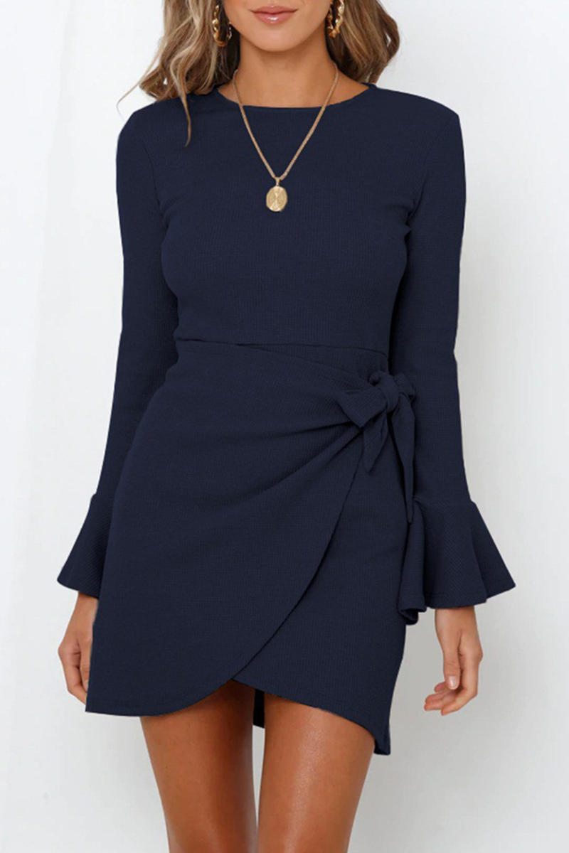 Anette - Abito mini casual con maniche lunghe, volant e girocollo