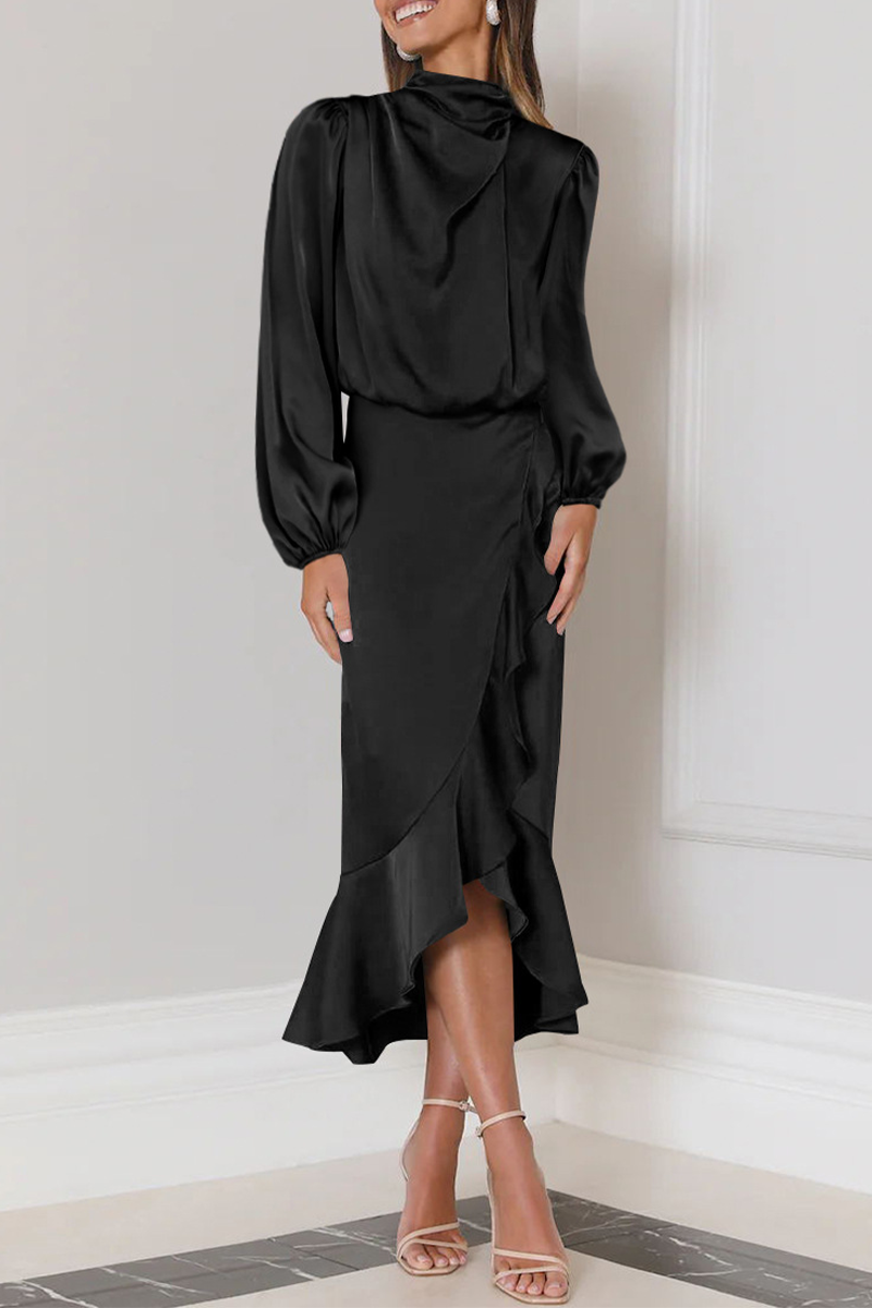 Hilda - Elegante abito midi con maniche lunghe, volant e collo alto