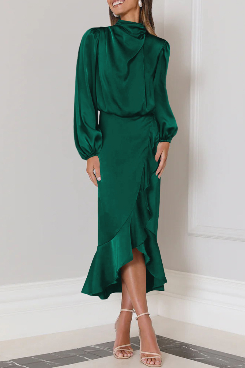 Hilda - Elegante abito midi con maniche lunghe, volant e collo alto