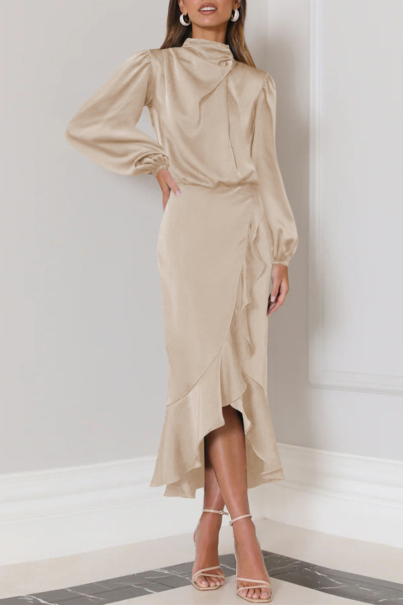 Hilda - Elegante abito midi con maniche lunghe, volant e collo alto