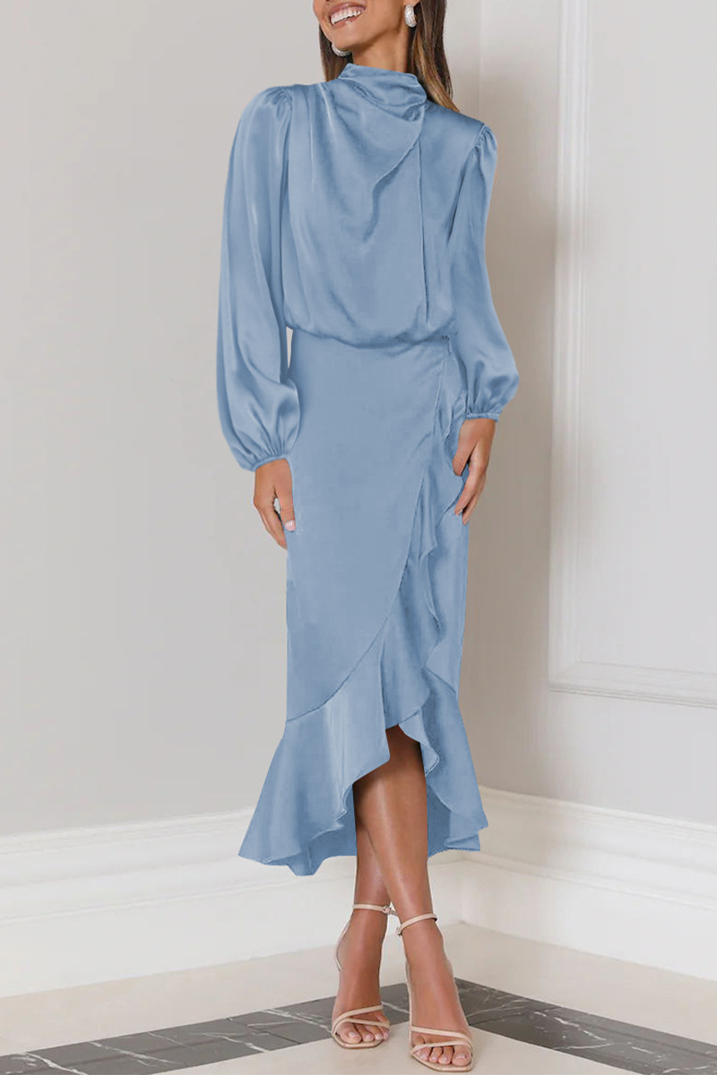 Hilda - Elegante abito midi con maniche lunghe, volant e collo alto