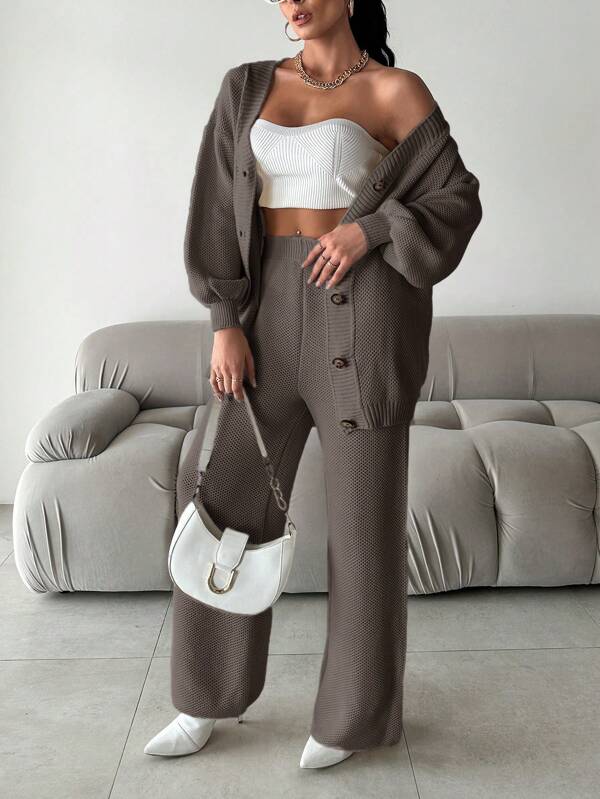 Cirilla - Set cardigan e pantaloni in maglia con scollo a V, comodo e morbido