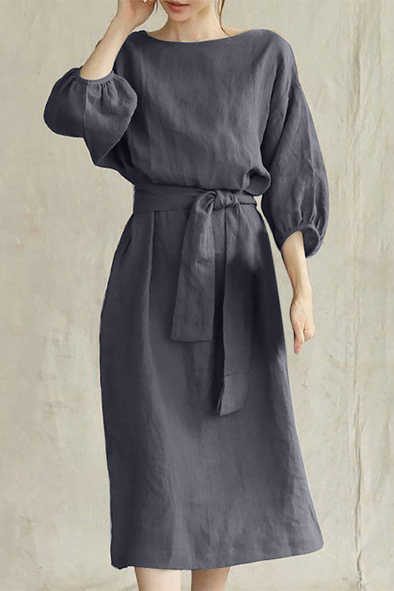 Liyana - Abito midi casual a mezza manica con cintura annodata