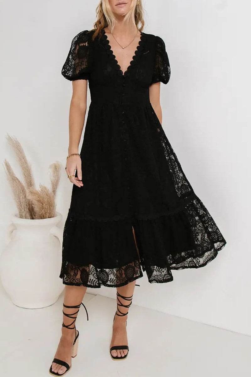 Erin - Elegante abito in pizzo a maniche corte con scollo a V