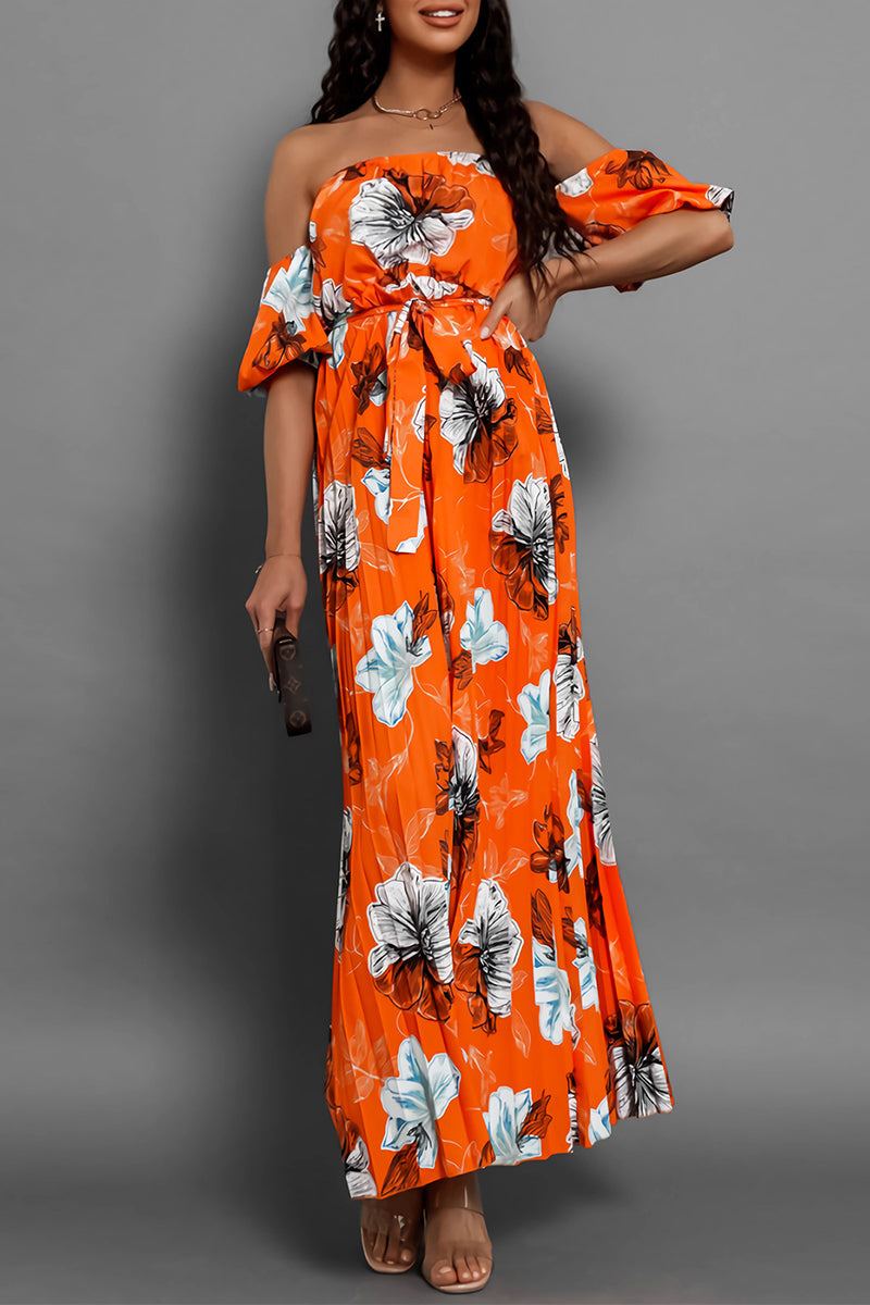 Avalon - Elegante abito floreale con spalle scoperte e cintura con fiocco