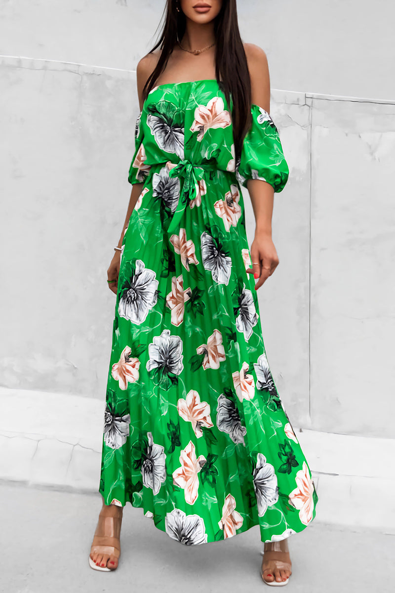 Avalon - Elegante abito floreale con spalle scoperte e cintura con fiocco