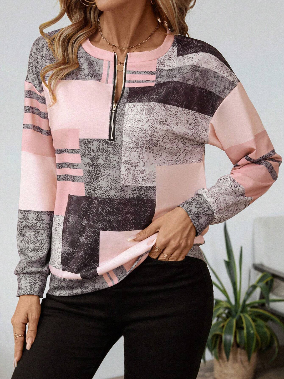 Karah - Elegante maglione vintage con inserti colorati e mezza zip