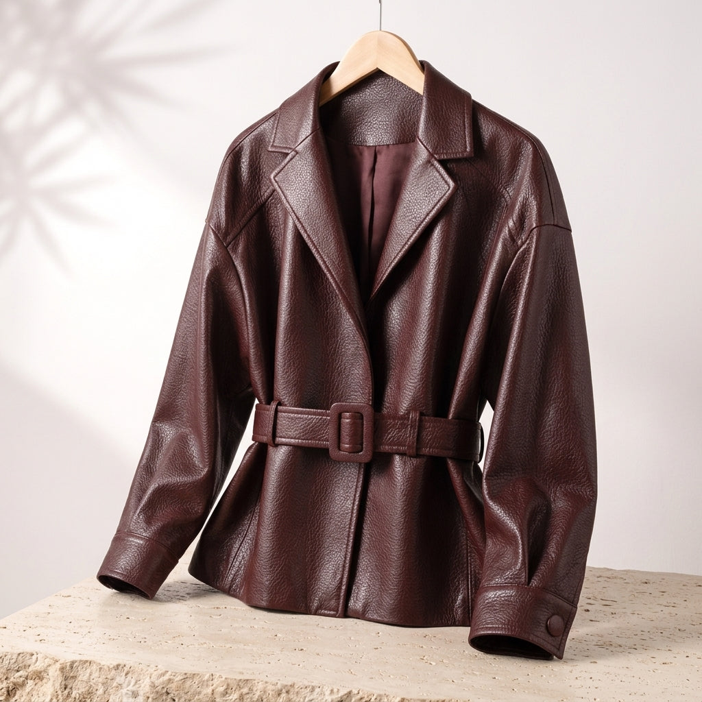 Giacca da Donna in Pelle con Ampio Colletto e Cintura