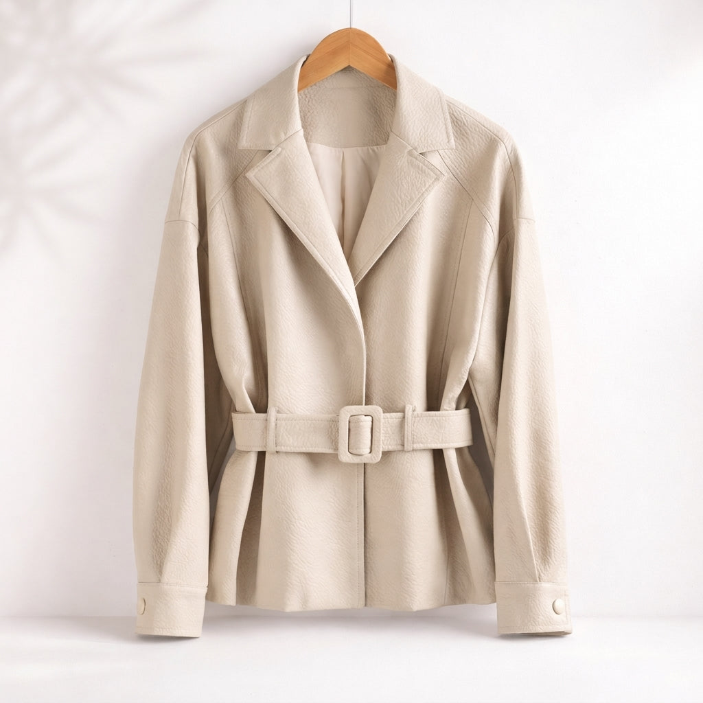Giacca da Donna in Pelle con Ampio Colletto e Cintura