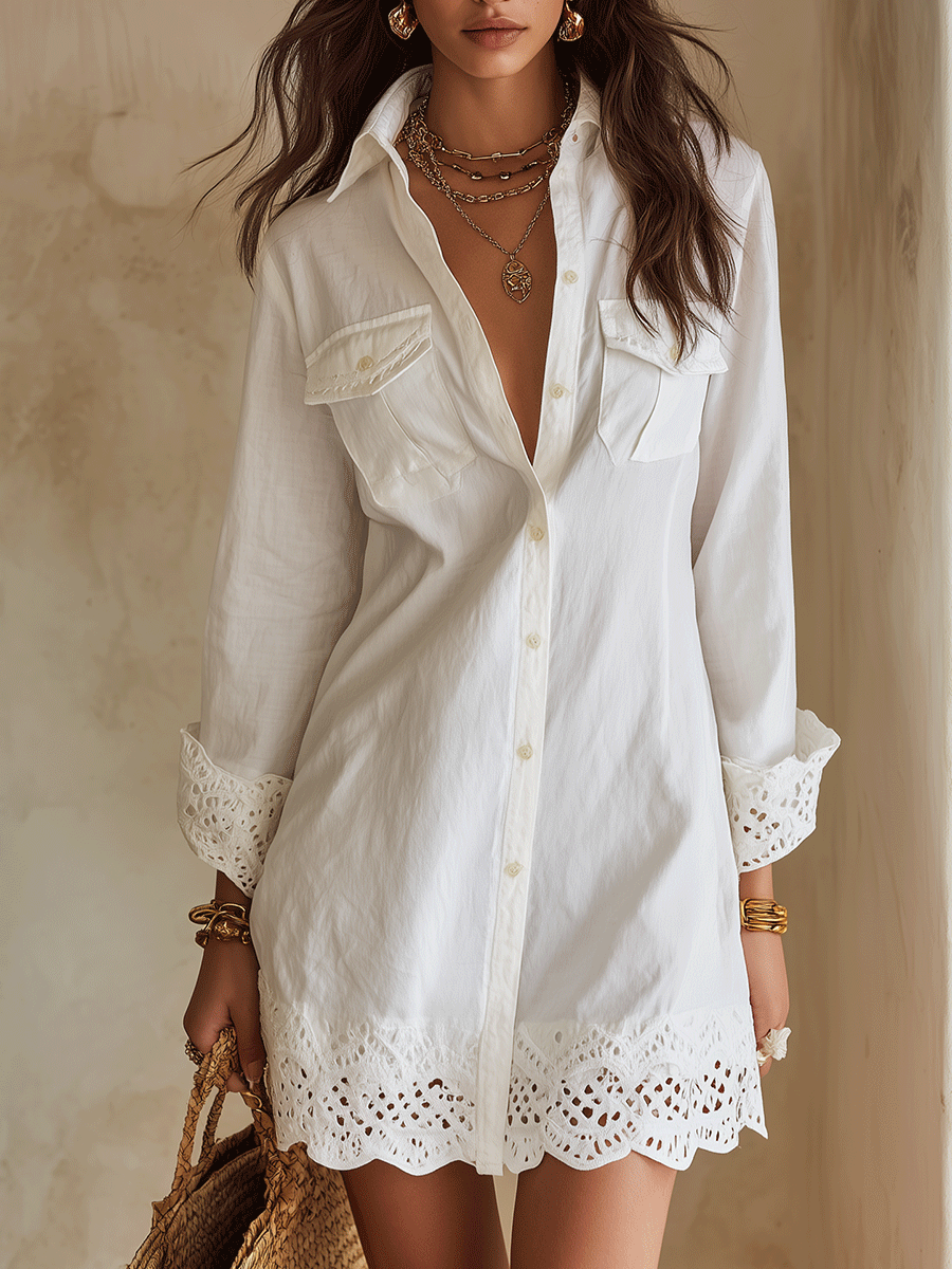 Abito Camicia Bianco da Donna con Orlo Sangallo