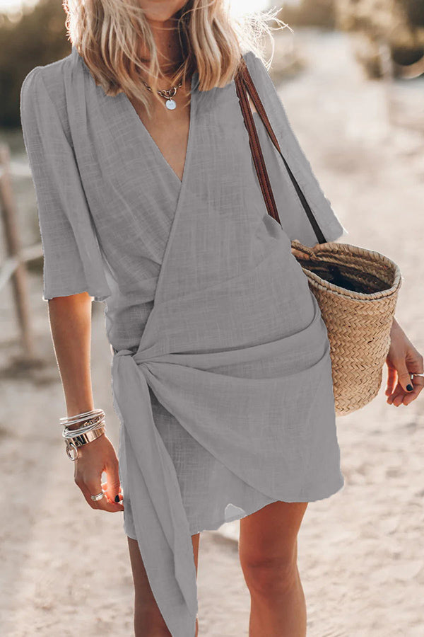 Helena - Mini Abito a Portafoglio Annodato in Misto Cotone e Lino Easy Breezy