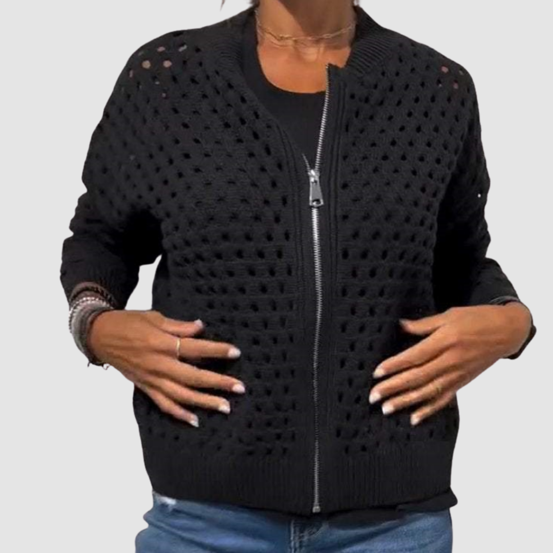 Yarona - Cardigan lavorato a maglia chic con zip e dettagli traforati