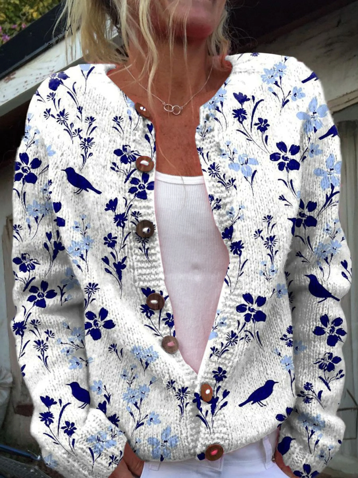 Cardigan Floreale con Uccelli da Donna