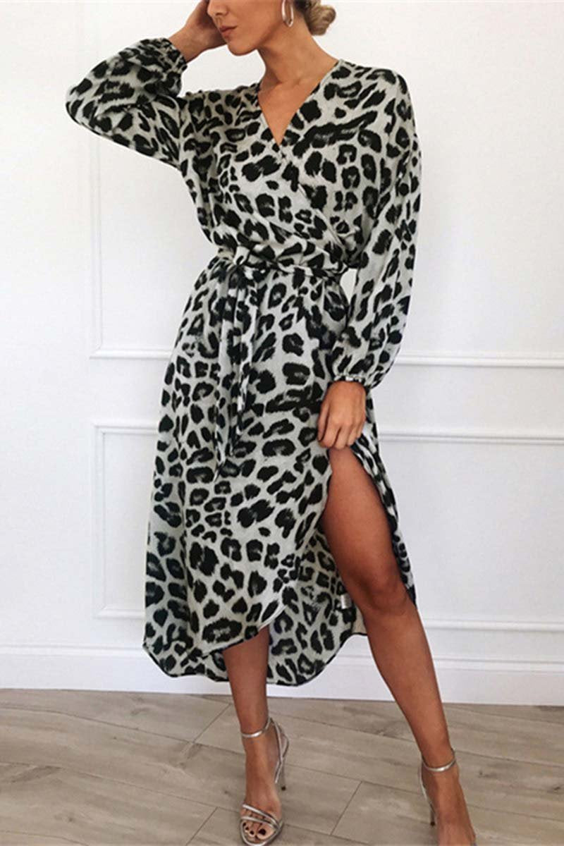 Chelsi - Abito midi elegante con scollo a V e cintura leopardata