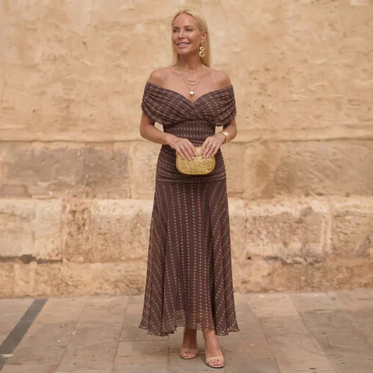 Abito Midi Fluido da Donna in Chiffon Marrone con Spalle Scoperte
