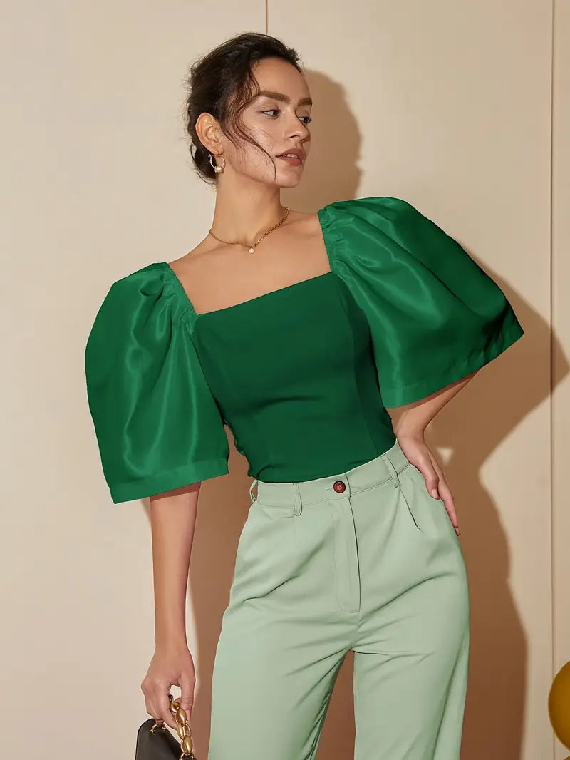 Elsie - Elegante top con maniche a sbuffo e scollo quadrato