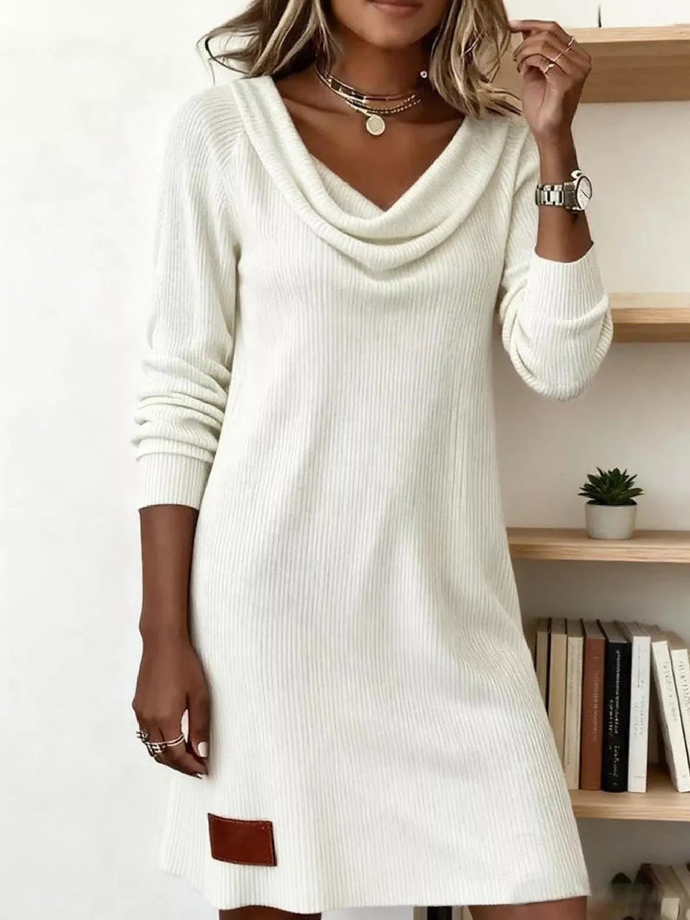 Aicelle - Abito mini casual in maglia a coste con collo morbido e maniche lunghe