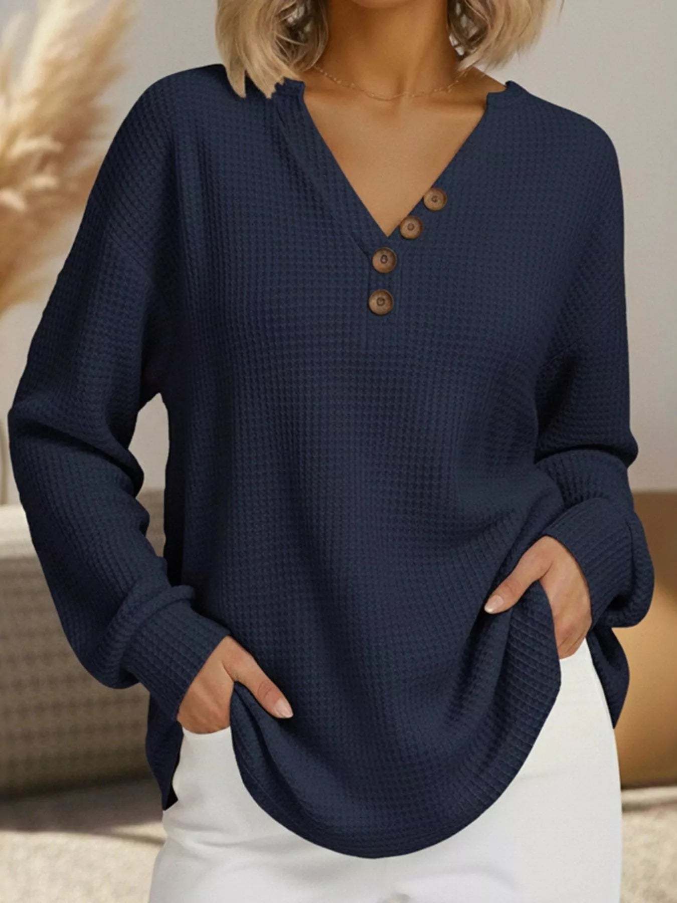 Isra - Felpa casual a maglia waffle con scollo a V