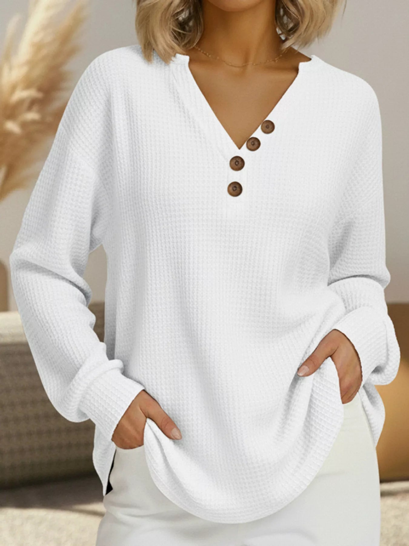 Isra - Felpa casual a maglia waffle con scollo a V