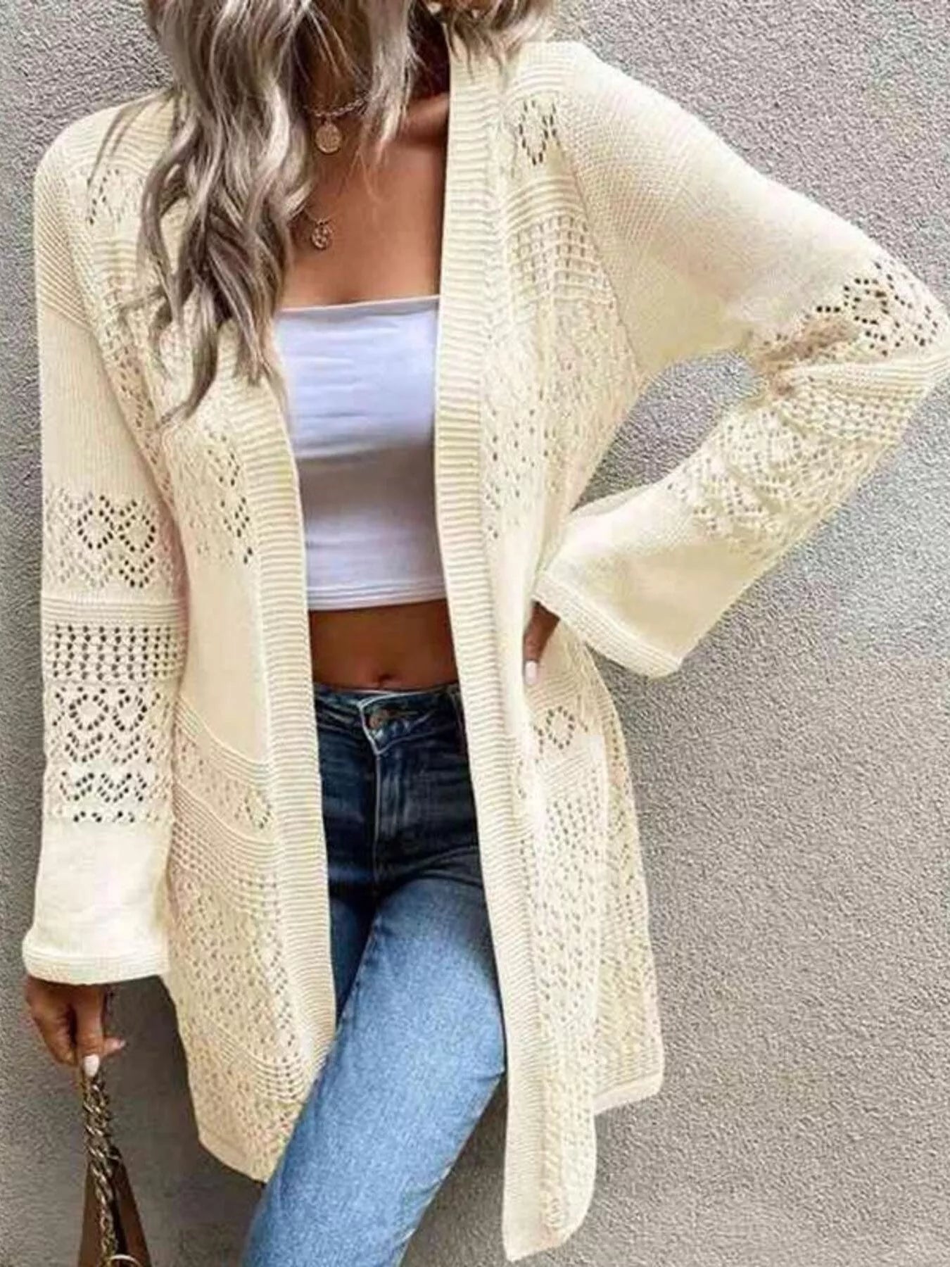Irisha - Cardigan Casual in Maglia Traforata con Apertura Frontale