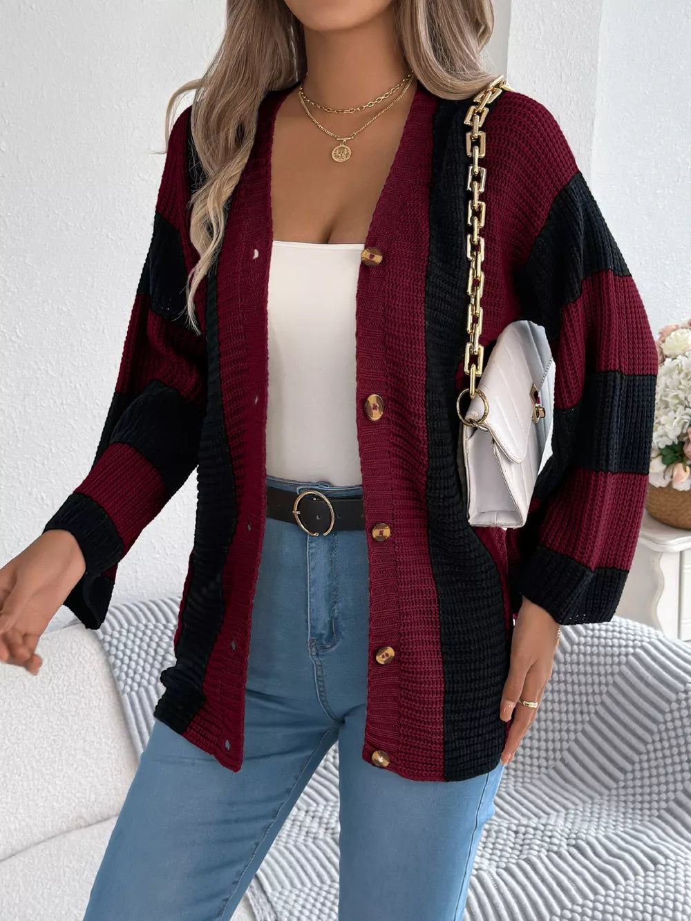 Zyla - Cardigan con bottoni a righe color block elegante