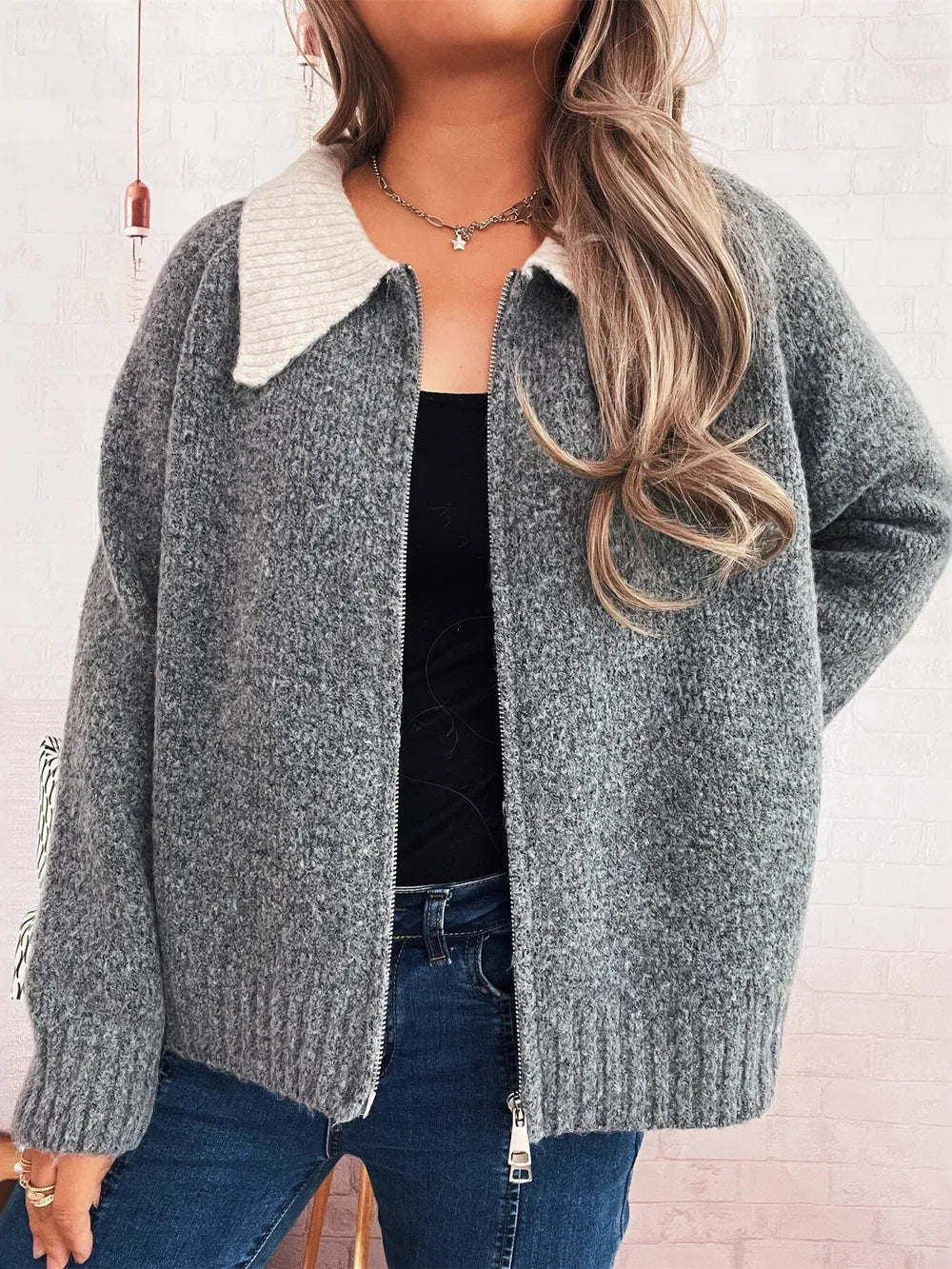 Zinaida - Cardigan con zip e collo a contrasto elegante