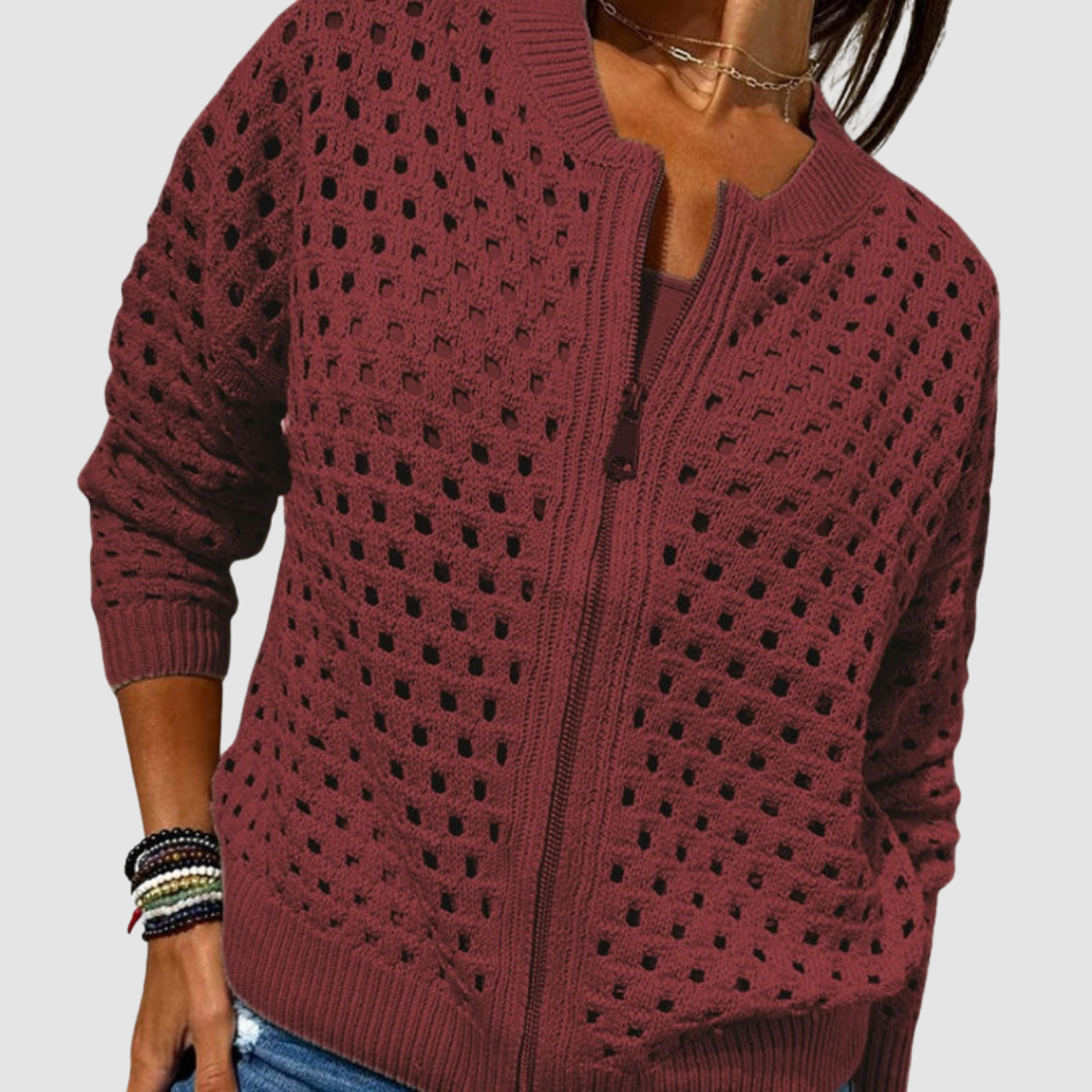 Yarona - Cardigan lavorato a maglia chic con zip e dettagli traforati