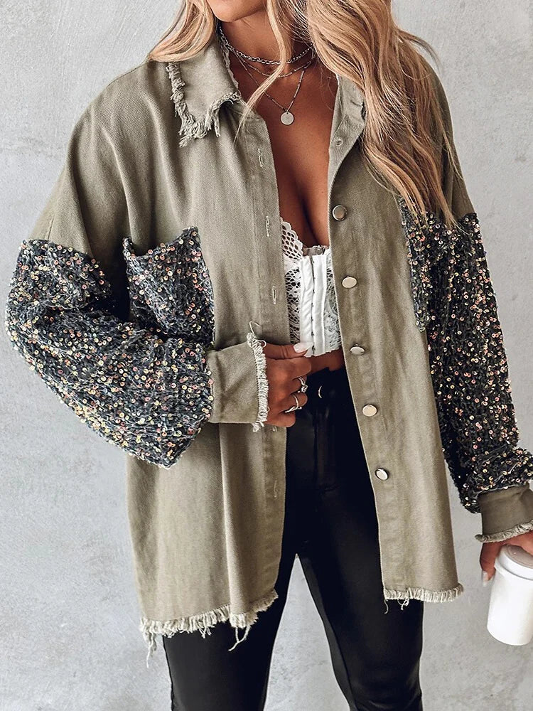 Kataleya - Giacca in denim stilosa con paillettes a contrasto