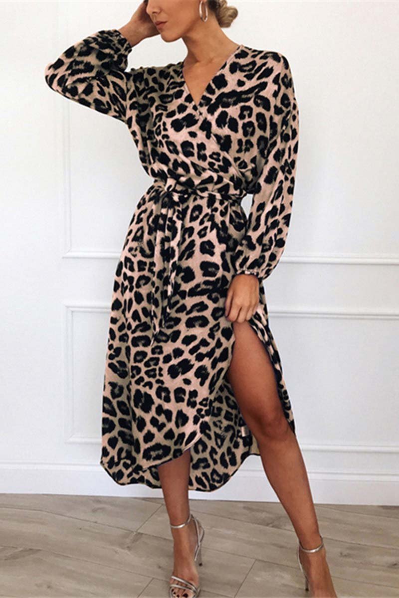 Chelsi - Abito midi elegante con scollo a V e cintura leopardata