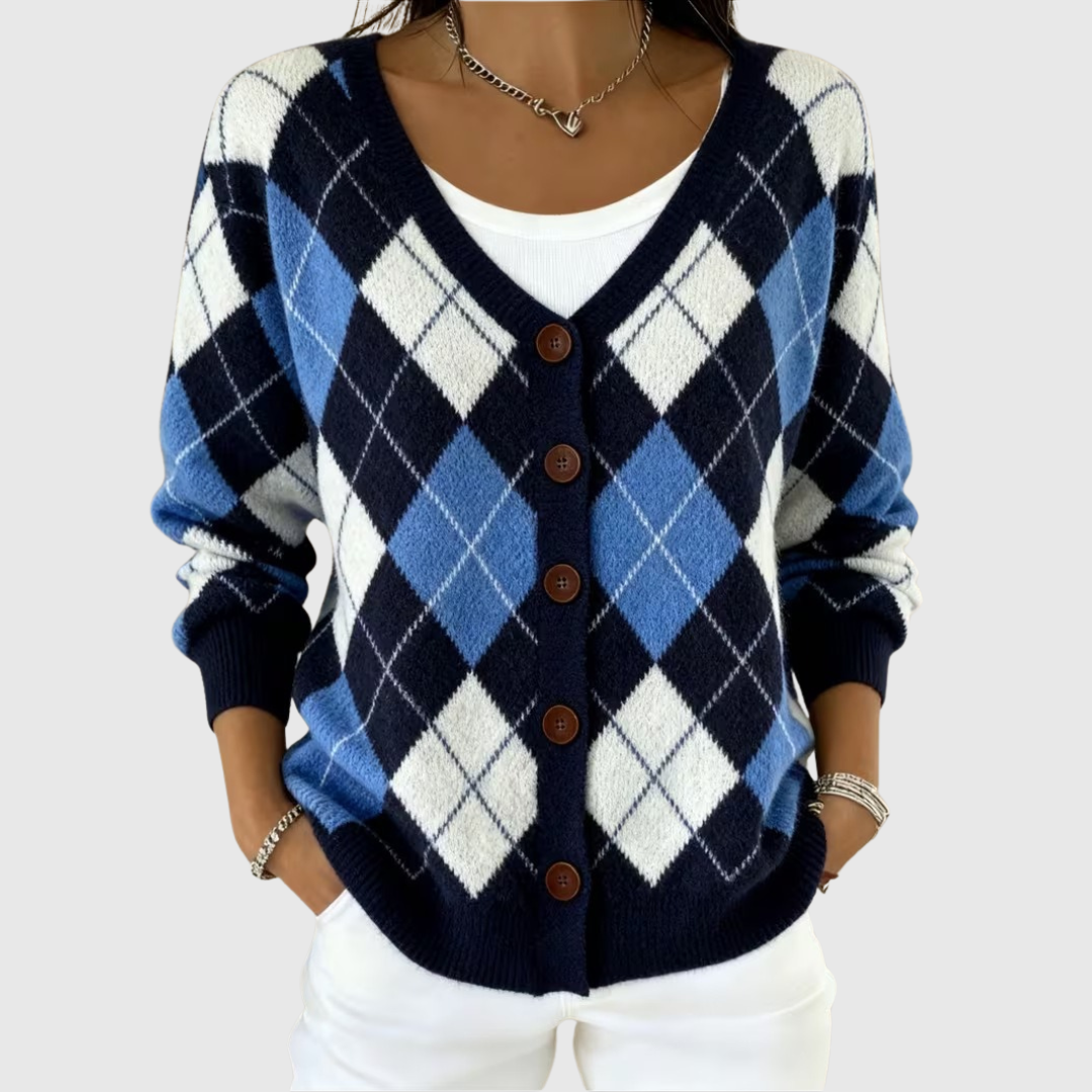 Cardigan Elegante in Maglia a Quadri da Donna