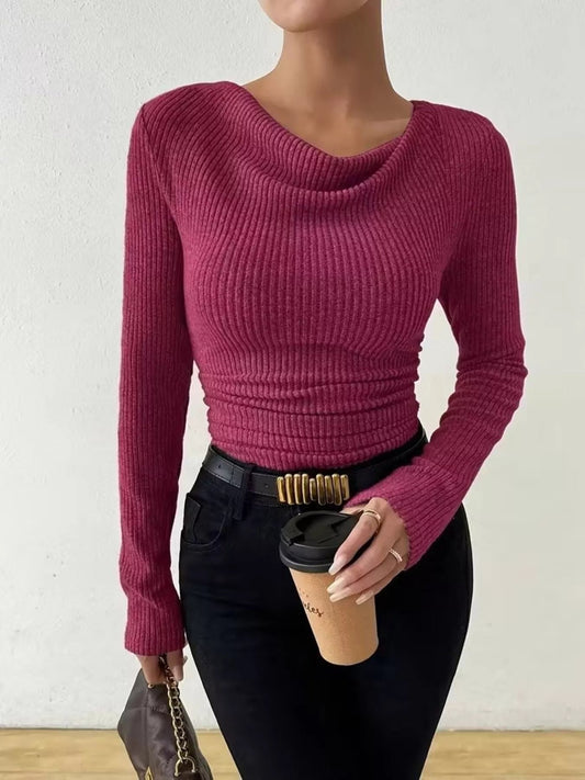Ileana - Felpa in maglia a coste con collo a cappuccio (cowl neck)