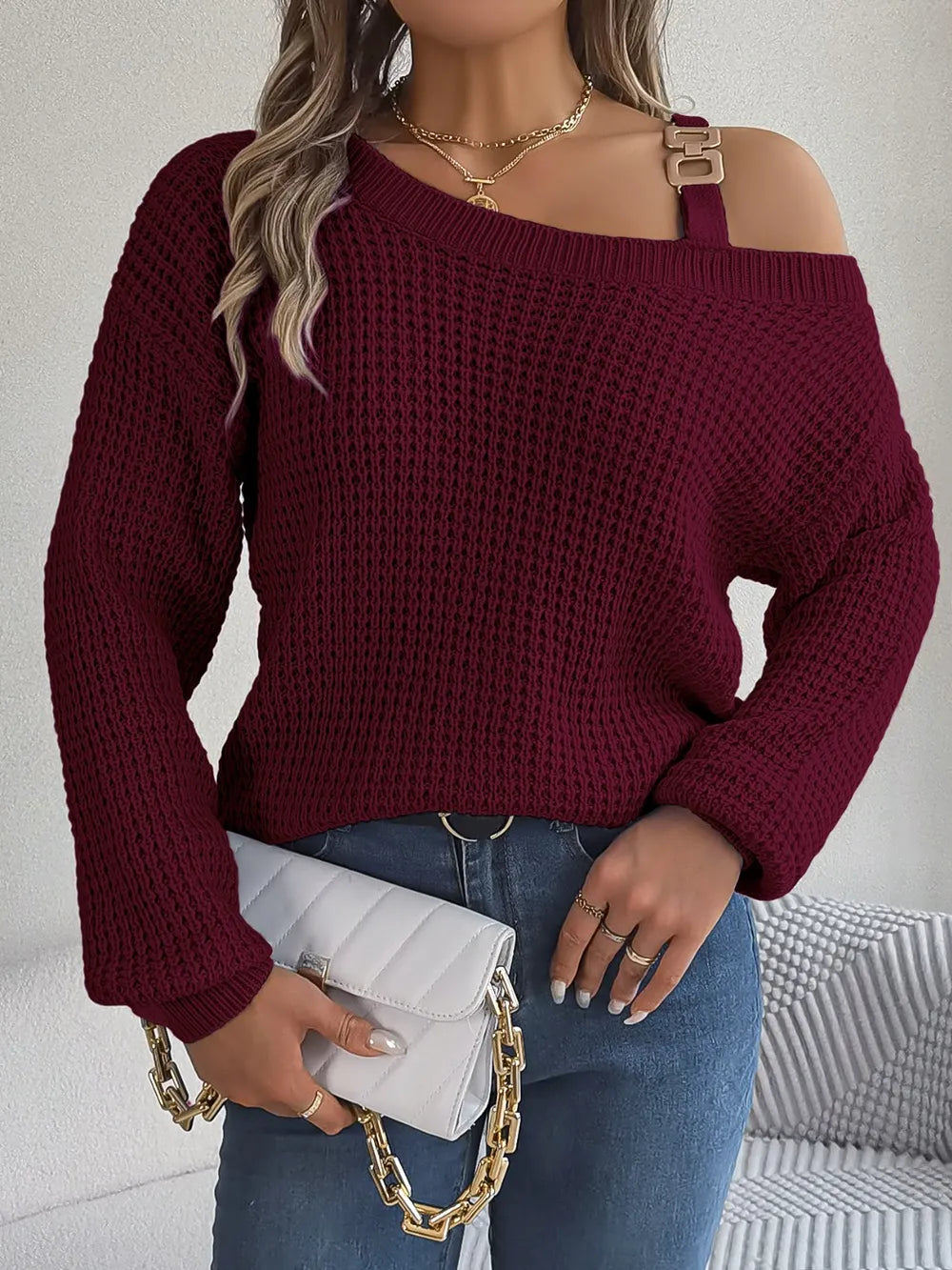 Emiely - Maglione elegante con scollo asimmetrico e maniche lunghe