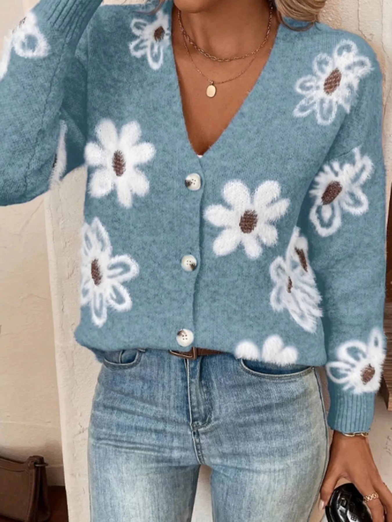 Nancie - Cardigan in maglia con stampa floreale e bottoni