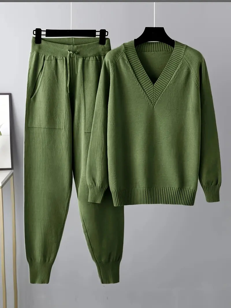 Zelvina - Set elegante composto da maglione caldo con scollo a V e pantaloni