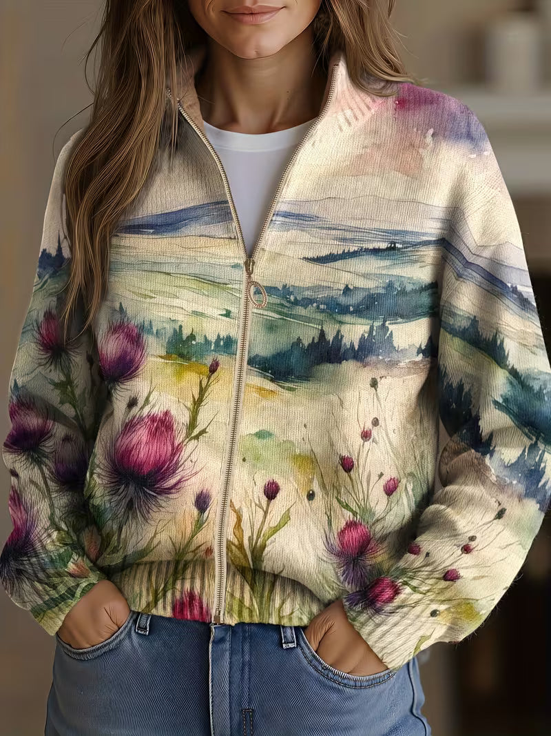 Cardigan con Paesaggio di Cardi e Zip da Donna