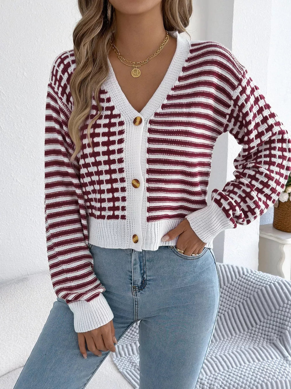 Arah - Cardigan corto chic a righe con bottoni