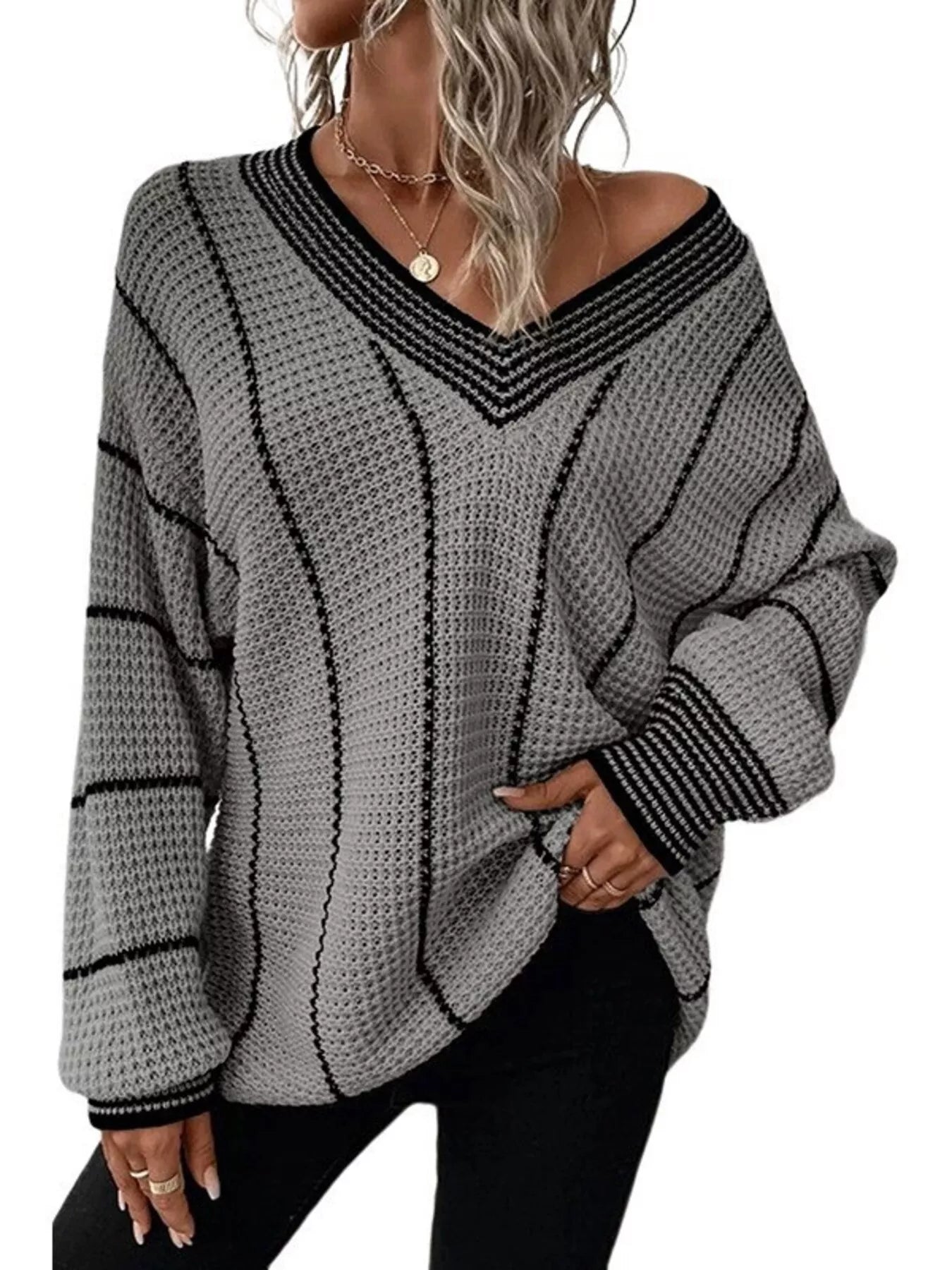 Yazira - Maglione Casual Scollato a V in Maglia Testurizzata