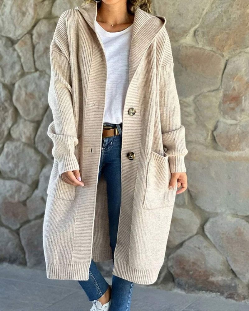 Tesslyn - Cappotto lungo casual lavorato a maglia con cappuccio