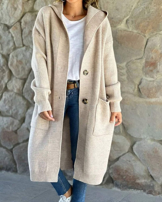 Tesslyn - Cappotto lungo casual lavorato a maglia con cappuccio