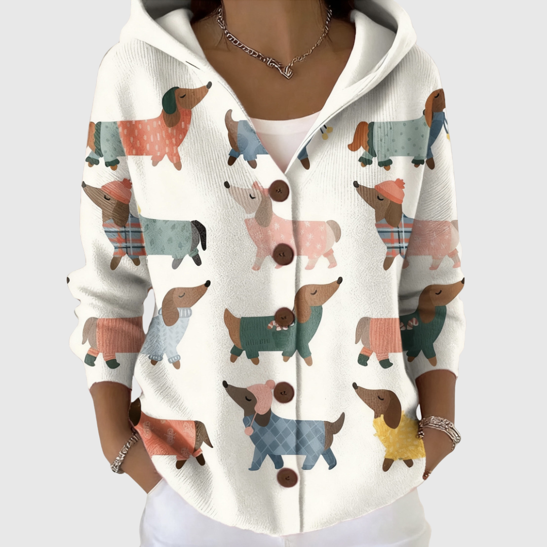 Cardigan con Cappuccio e Motivo Cane da Donna