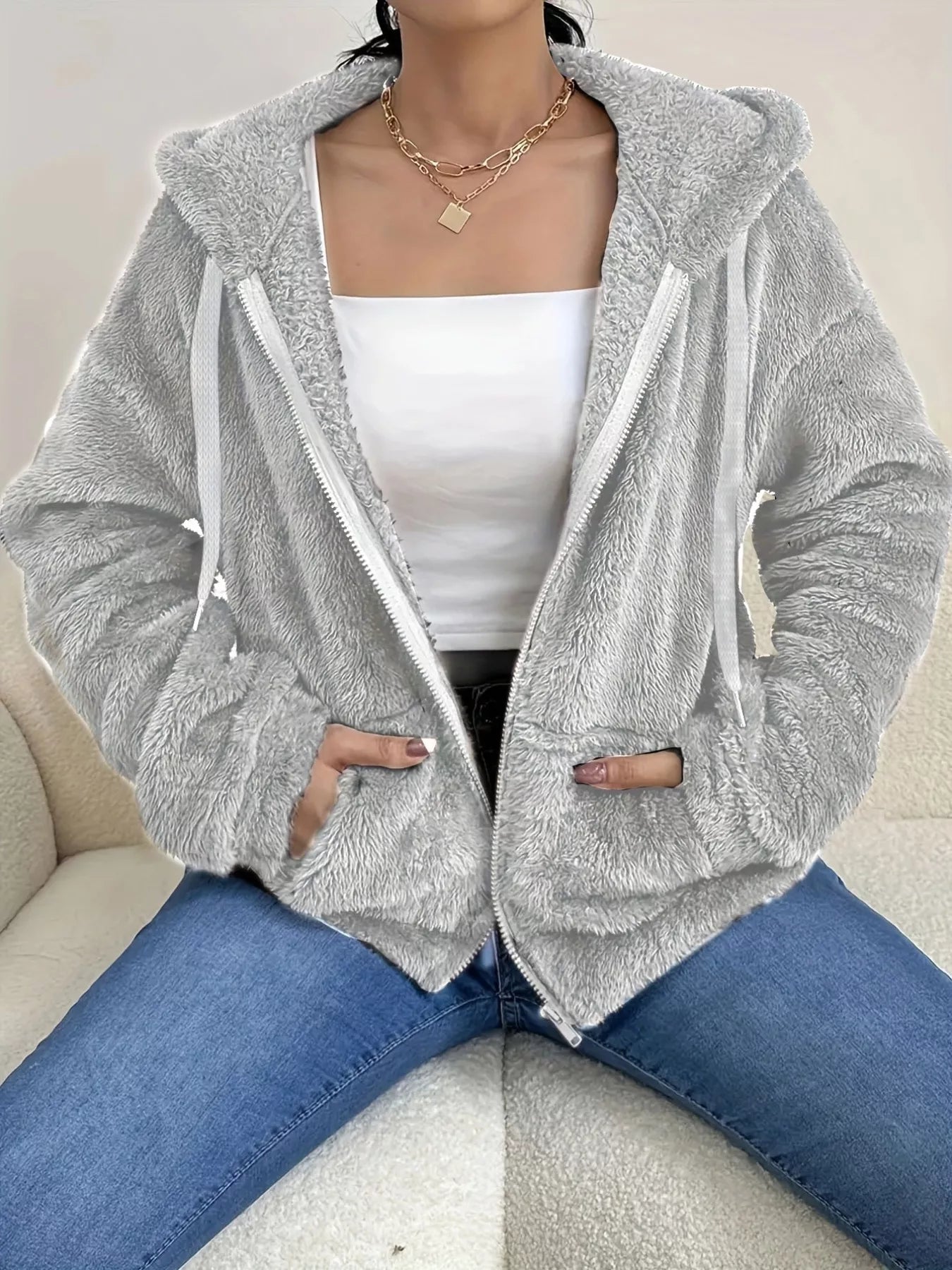 Denisse - Giacca in Pile Calda con Zip e Coulisse