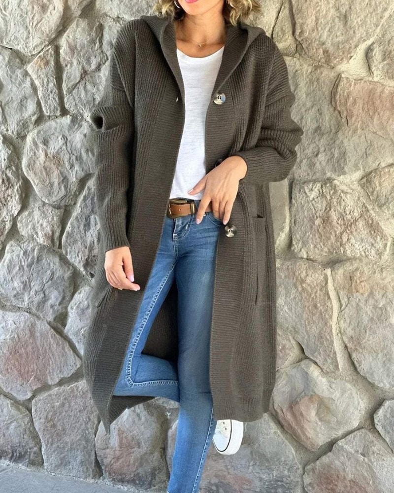 Tesslyn - Cappotto lungo casual lavorato a maglia con cappuccio