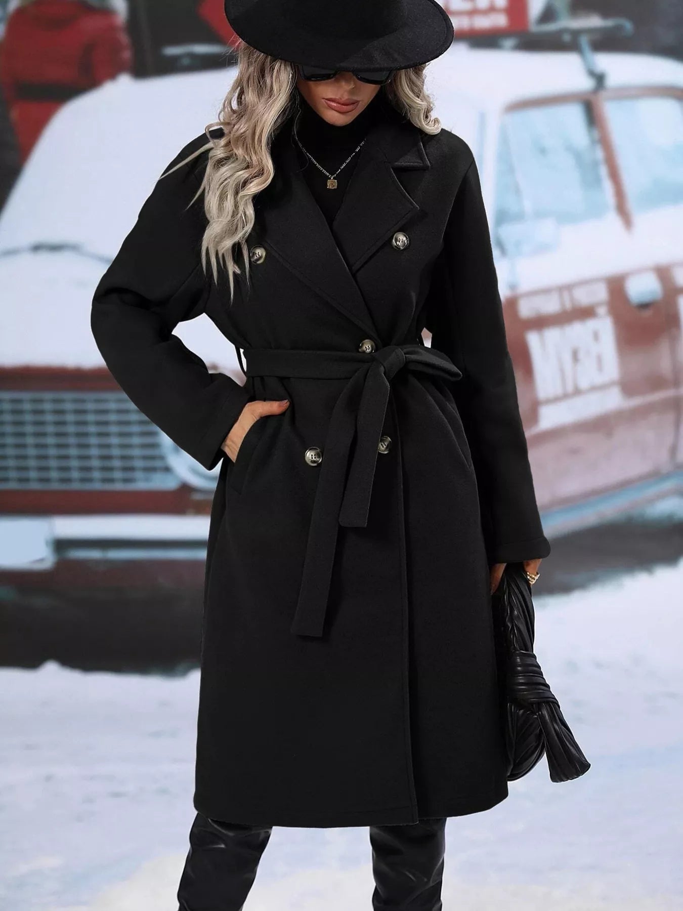 Aliana - Cappotto elegante doppiopetto con collo a revers e cintura