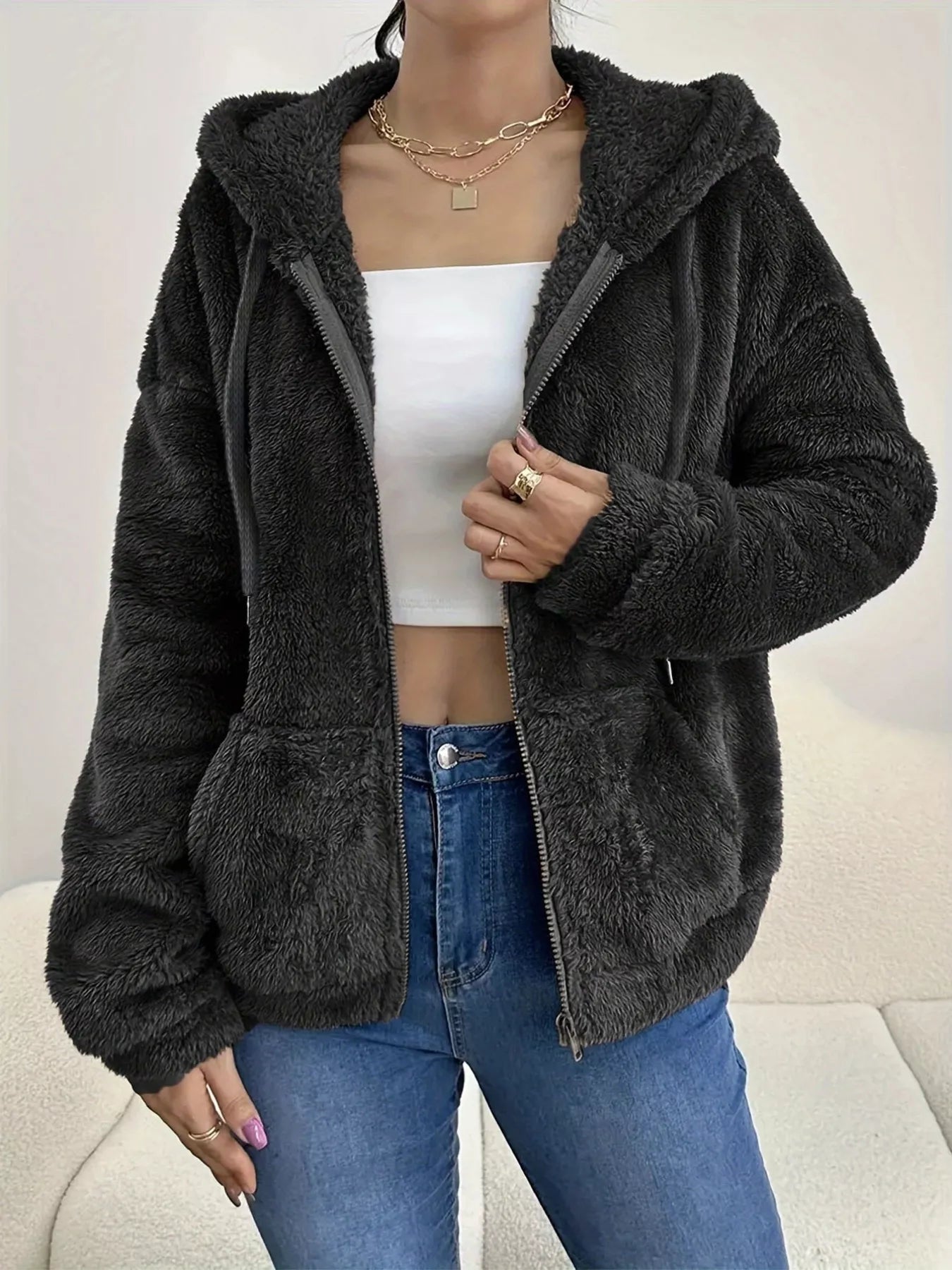 Denisse - Giacca in Pile Calda con Zip e Coulisse