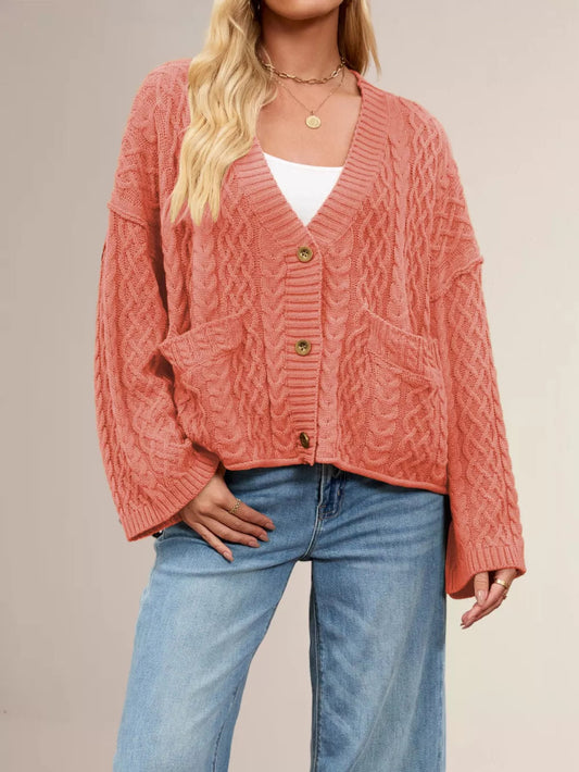 Zenitha - Cardigan ampio elegante in maglia a trecce con bottoni