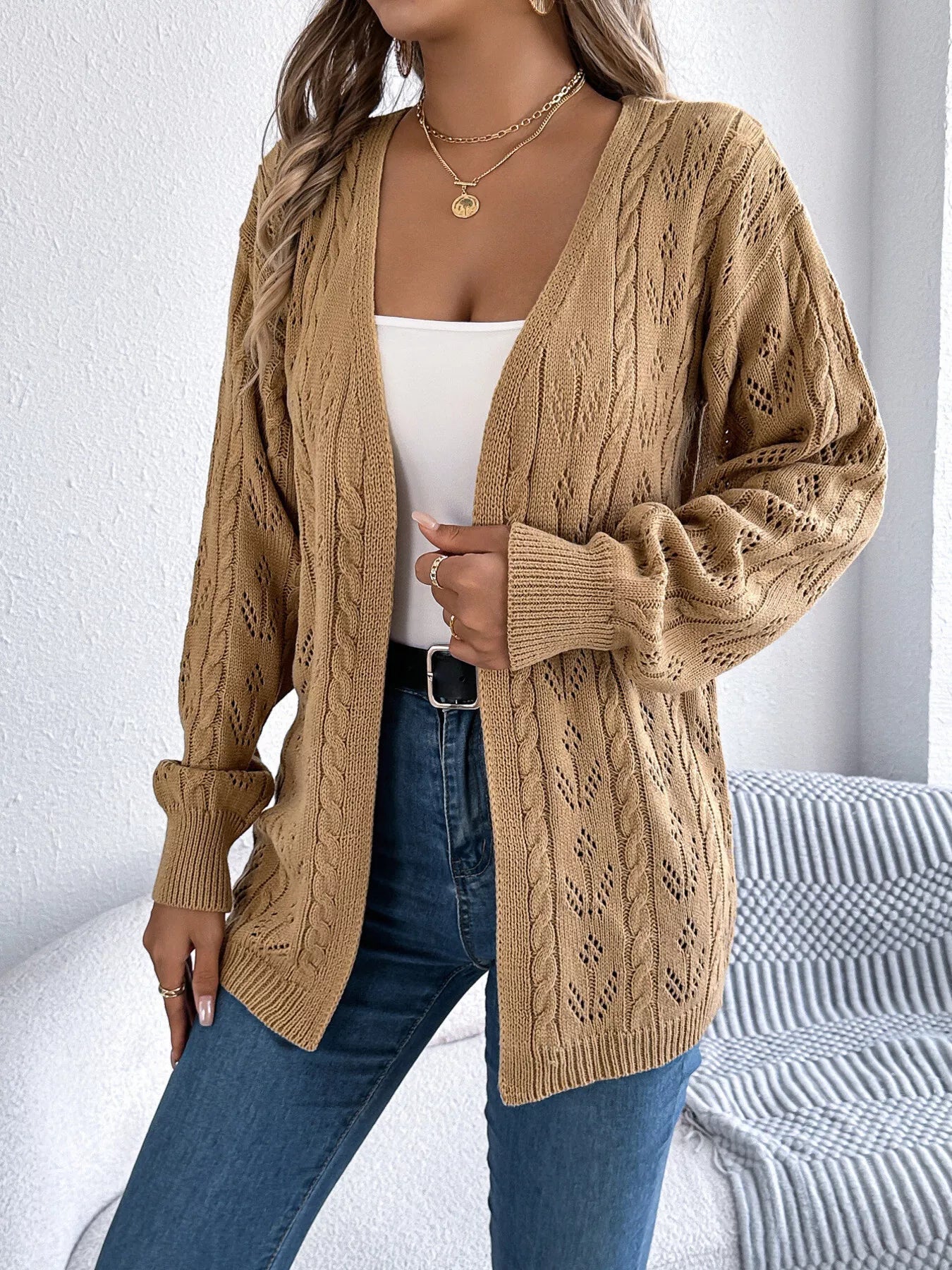 Marigold - Cardigan in maglia a trecce traforata con apertura frontale