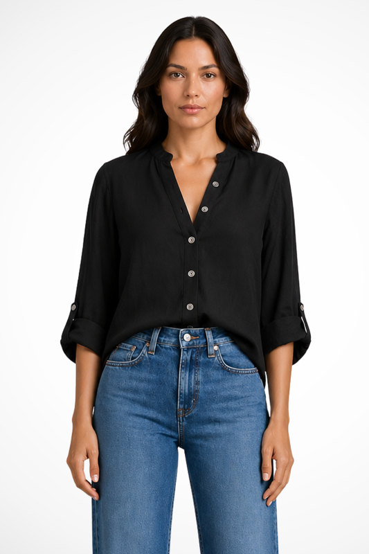 Blusa in Lino con Scollo a V e Bottoni da Donna